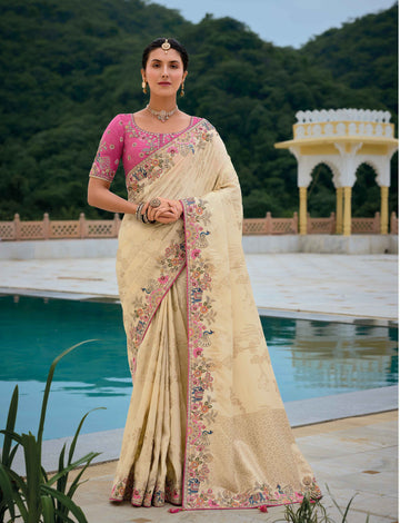 Traditional Off White Cream Pure Dola Viscose Saree with C-Pallu Embroidery, Patchwork, Cut Work Detailing - 7302